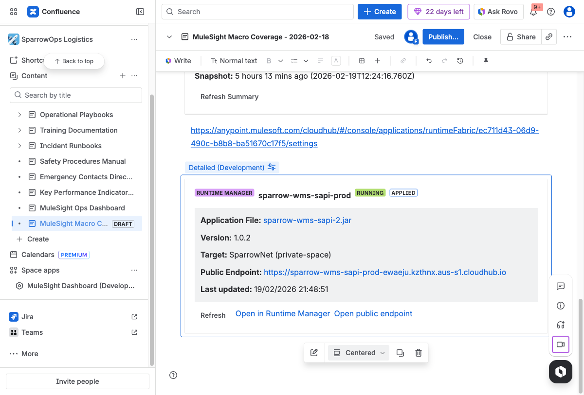 MuleSight snapshot macro in a Confluence page — paste an Anypoint URL and MuleSight renders a live data card showing application name, version, deployment status, and public endpoint with a Refresh button