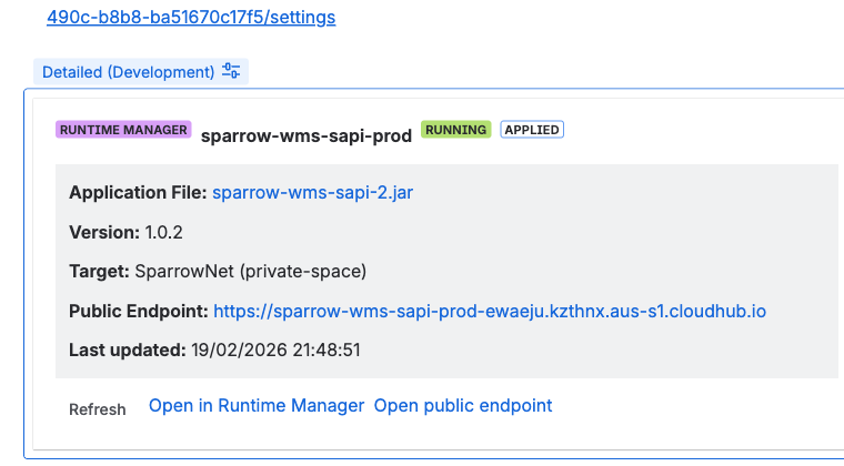 MuleSight Runtime Manager macro in Detailed display mode showing sparrow-wms-sapi-prod application with RUNNING and APPLIED badges, application file name, artifact version 1.0.2, deployment target, public endpoint URL, and last updated timestamp