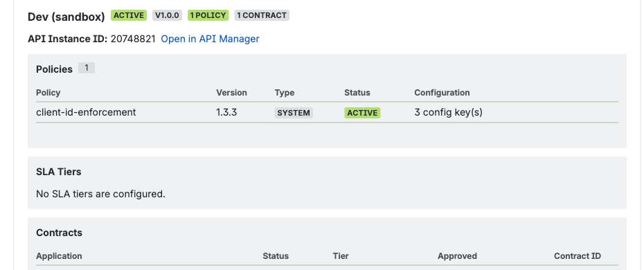 MuleSight security drilldown modal showing a single API instance in Dev sandbox with ACTIVE status, one applied client-id-enforcement policy, SLA tiers section, and contracts table with application details