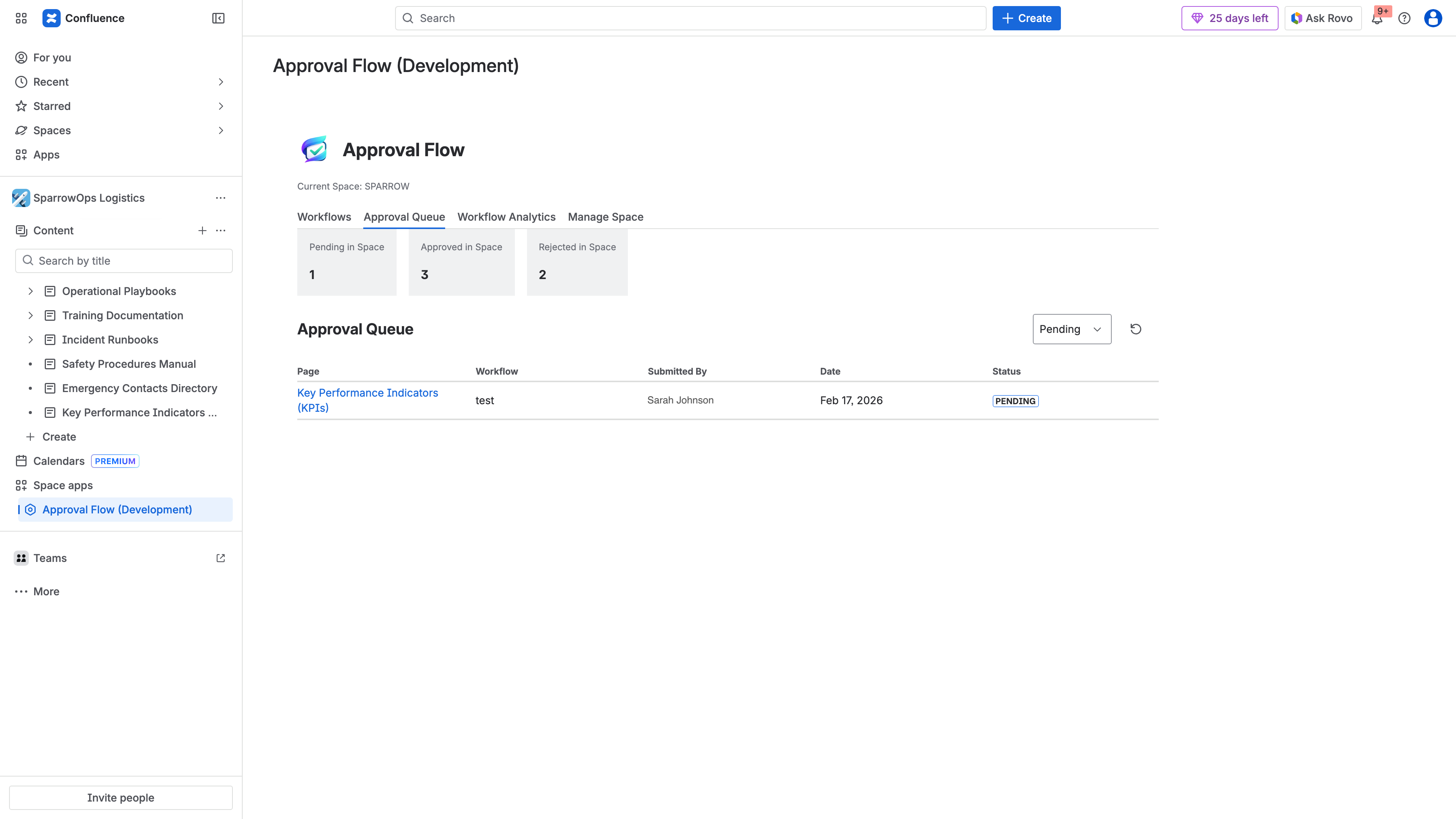 ApprovalFlow approval queue showing pending and completed approvals across all spaces with status indicators, timestamps, and workflow names