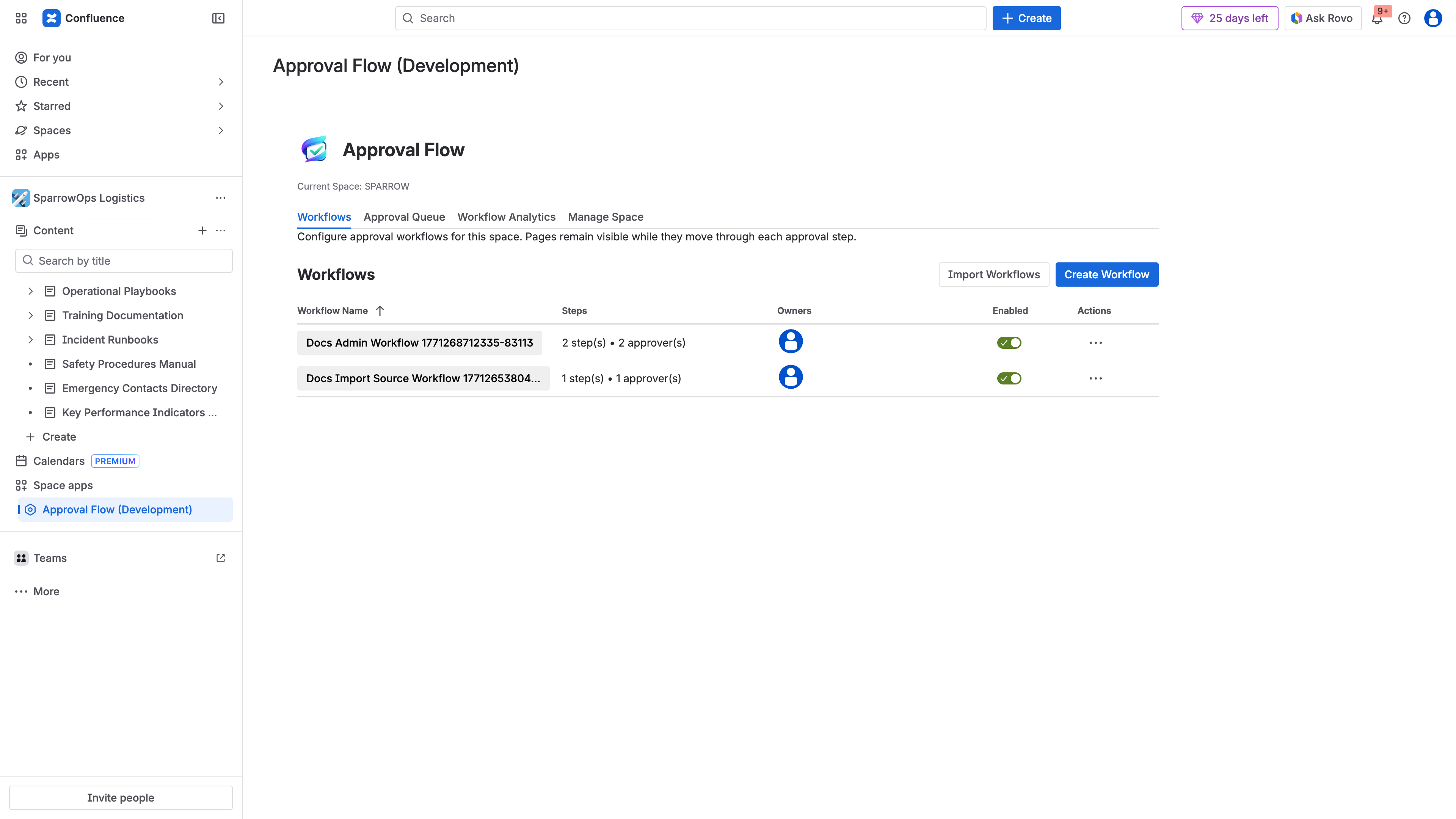 ApprovalFlow workflow creation screen in Confluence showing a multi-step approval workflow with named approvers assigned to a space