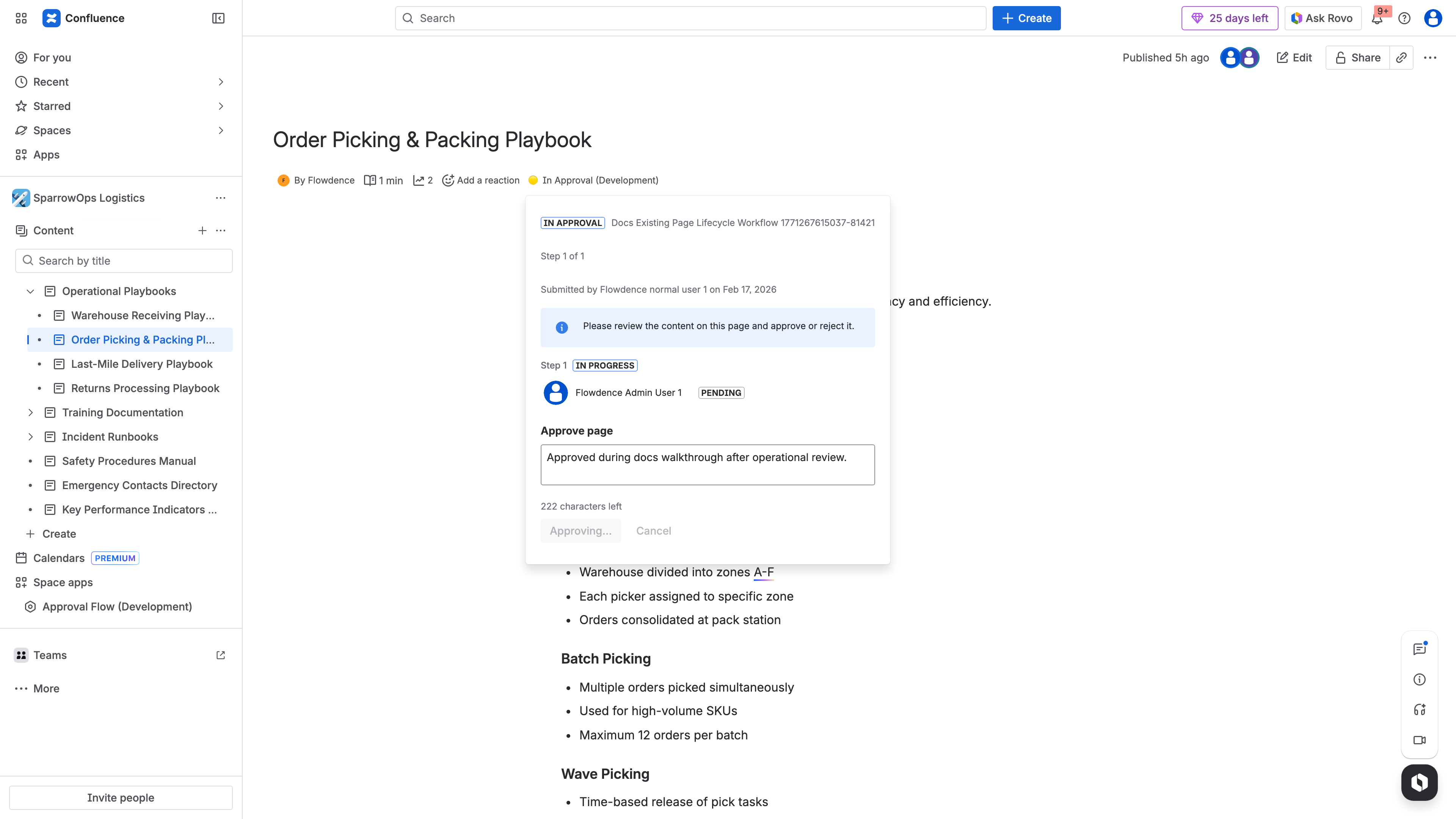 Confluence page showing ApprovalFlow approved status in the byline with green indicator, approver name, and timestamp