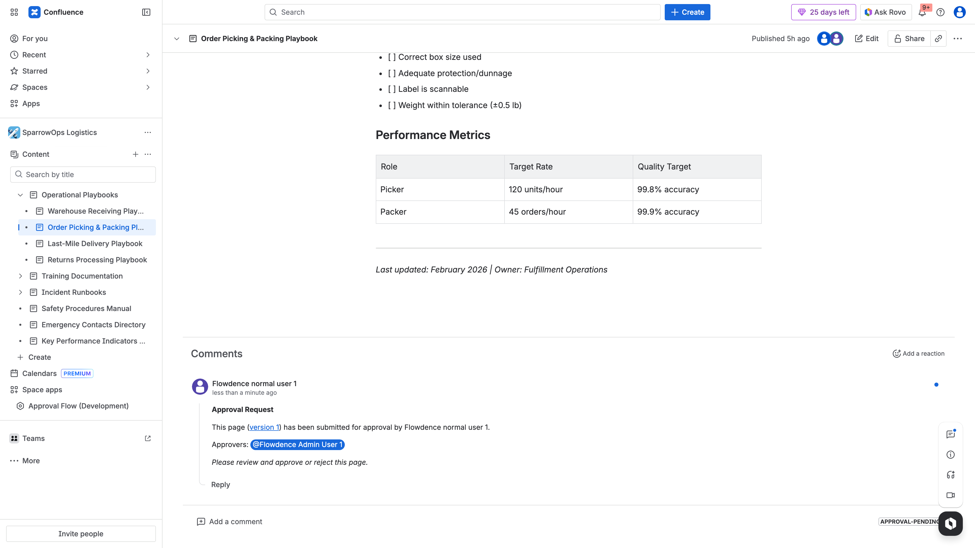 ApprovalFlow structured audit trail showing approval comments threaded on a Confluence page with timestamps, approver names, and version references