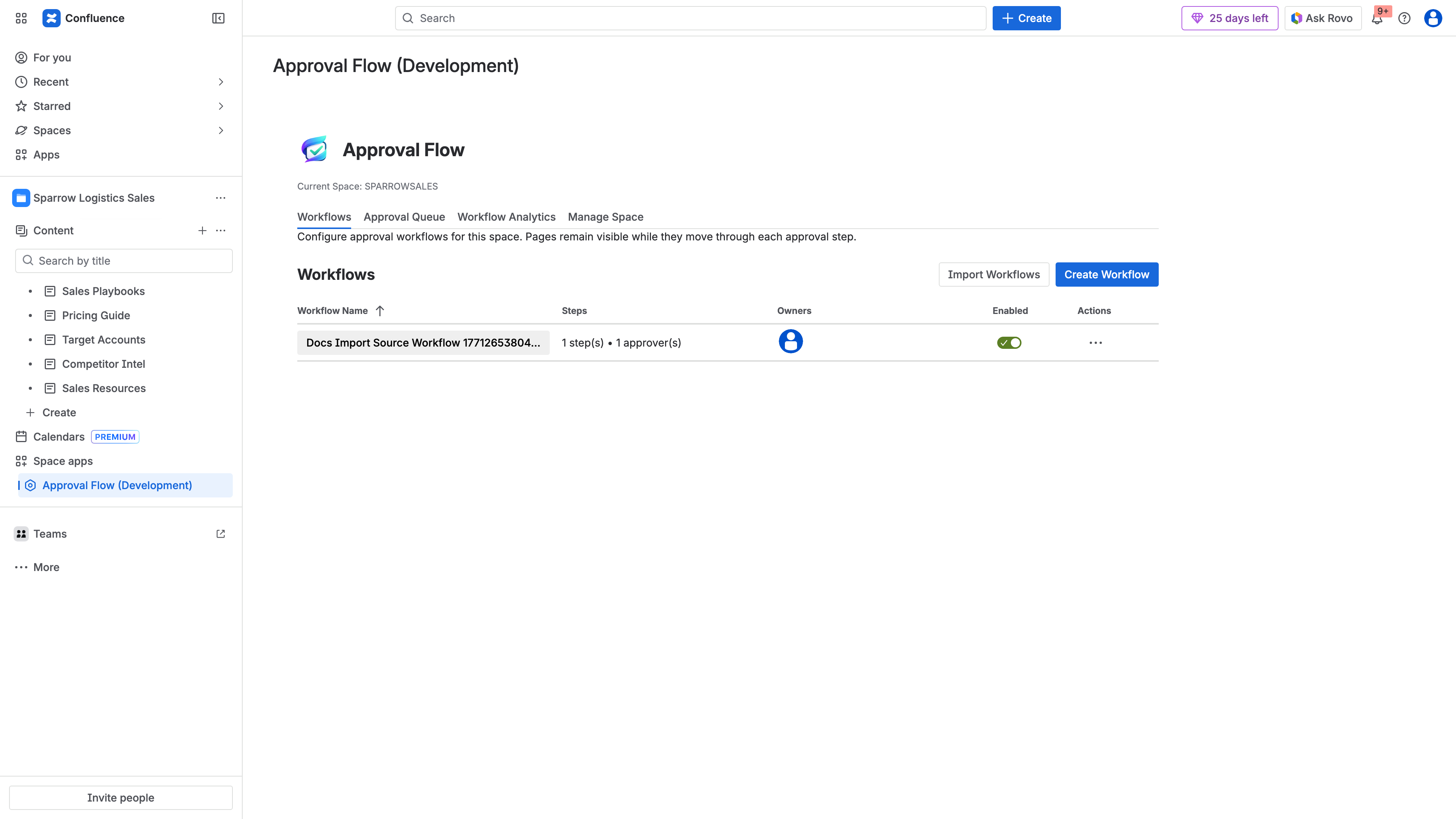 ApprovalFlow workflows overview showing configured approval workflows per Confluence space with enabled status toggles