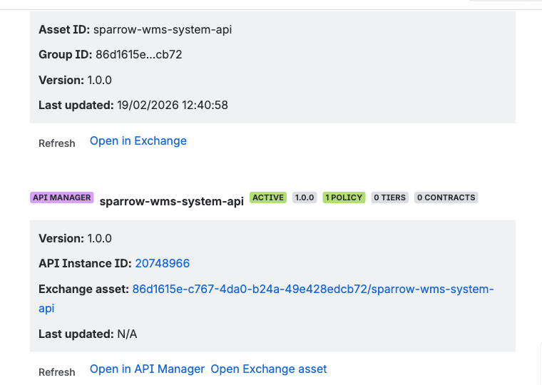 MuleSight API Manager and Exchange snapshot macros showing live API status, version, and metadata in Confluence pages