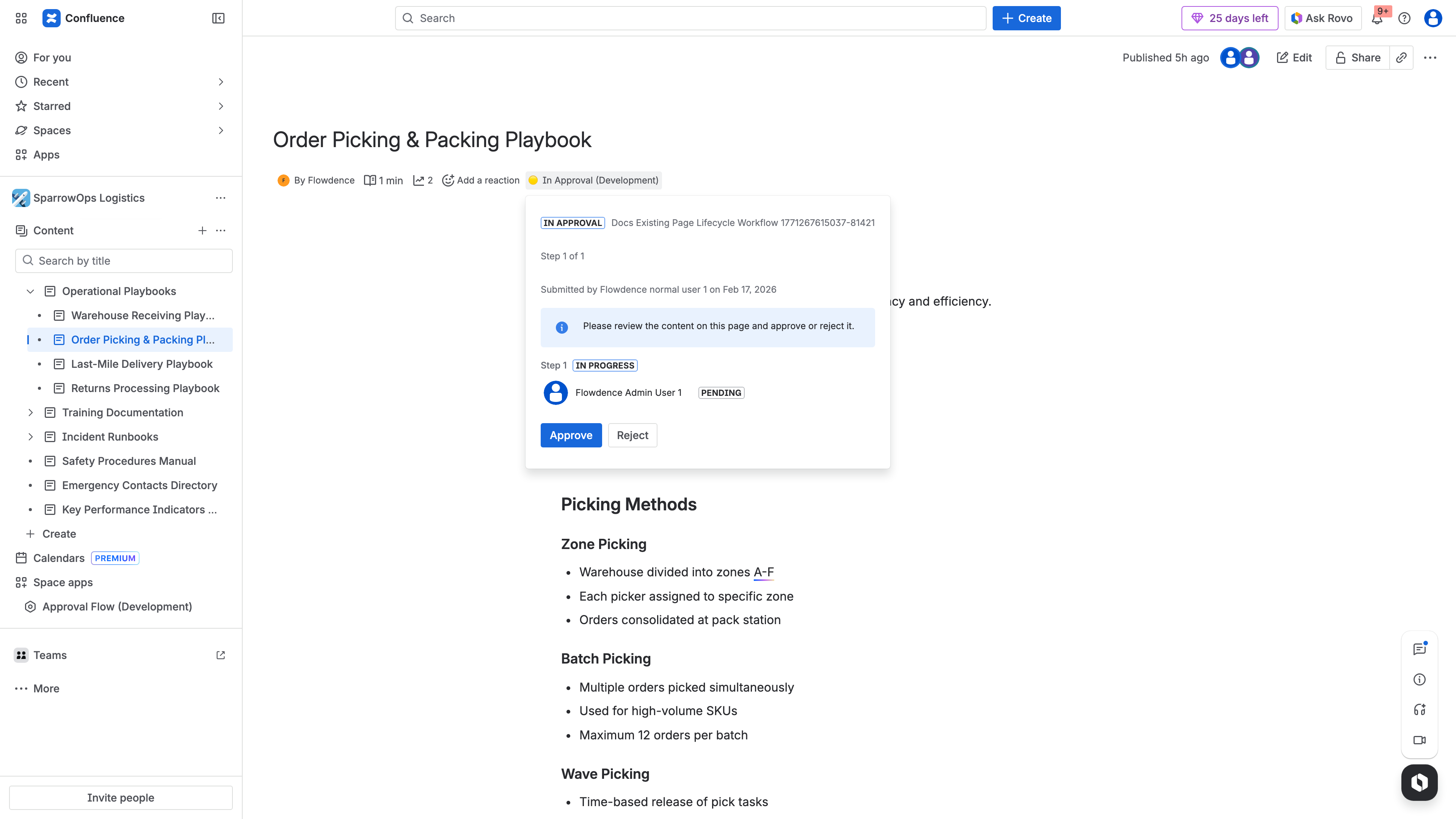 ApprovalFlow approver pending actions panel showing approval and reject buttons with the current workflow step