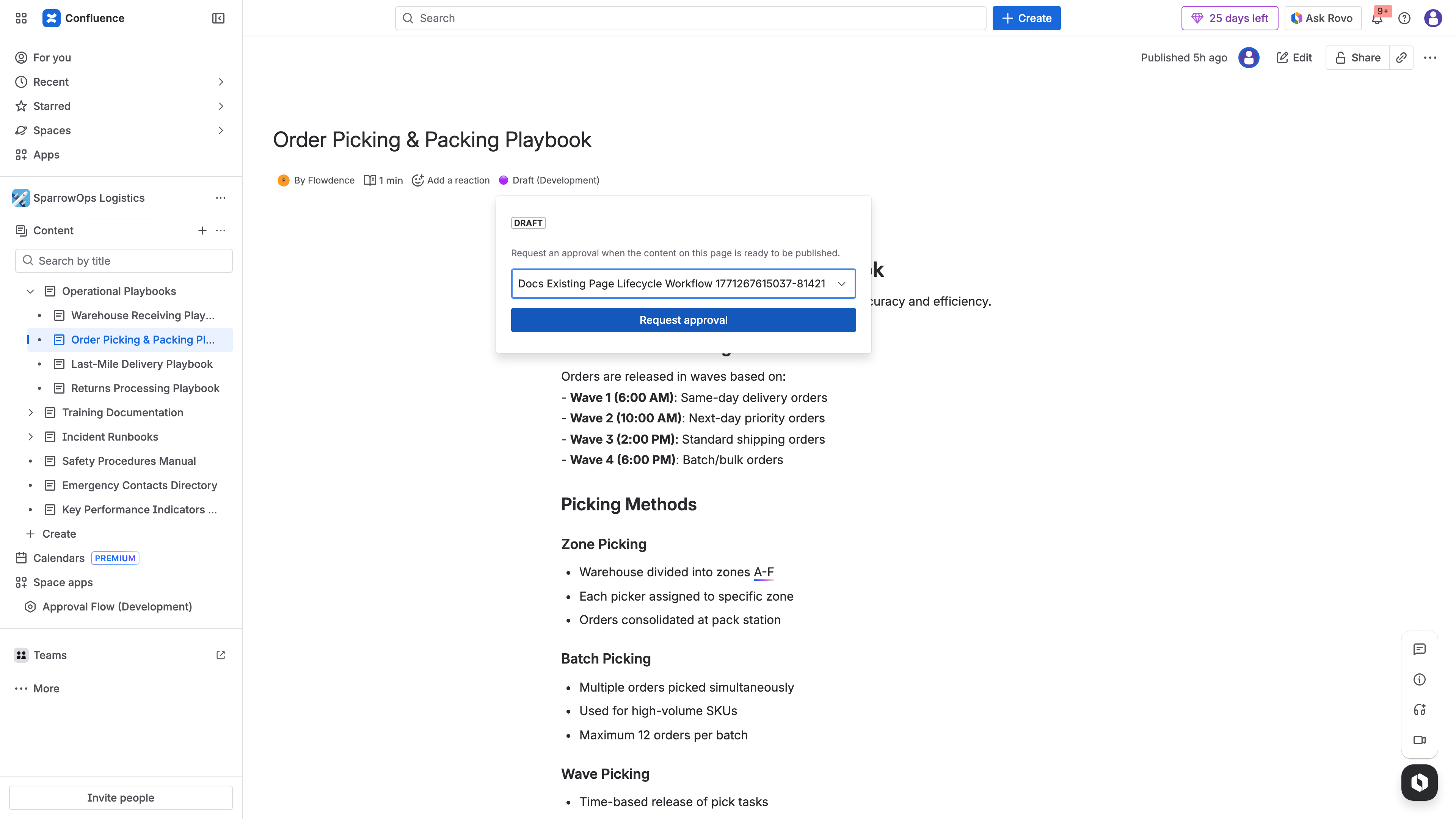 Confluence page author selecting a workflow and submitting a page for approval through the ApprovalFlow byline interface