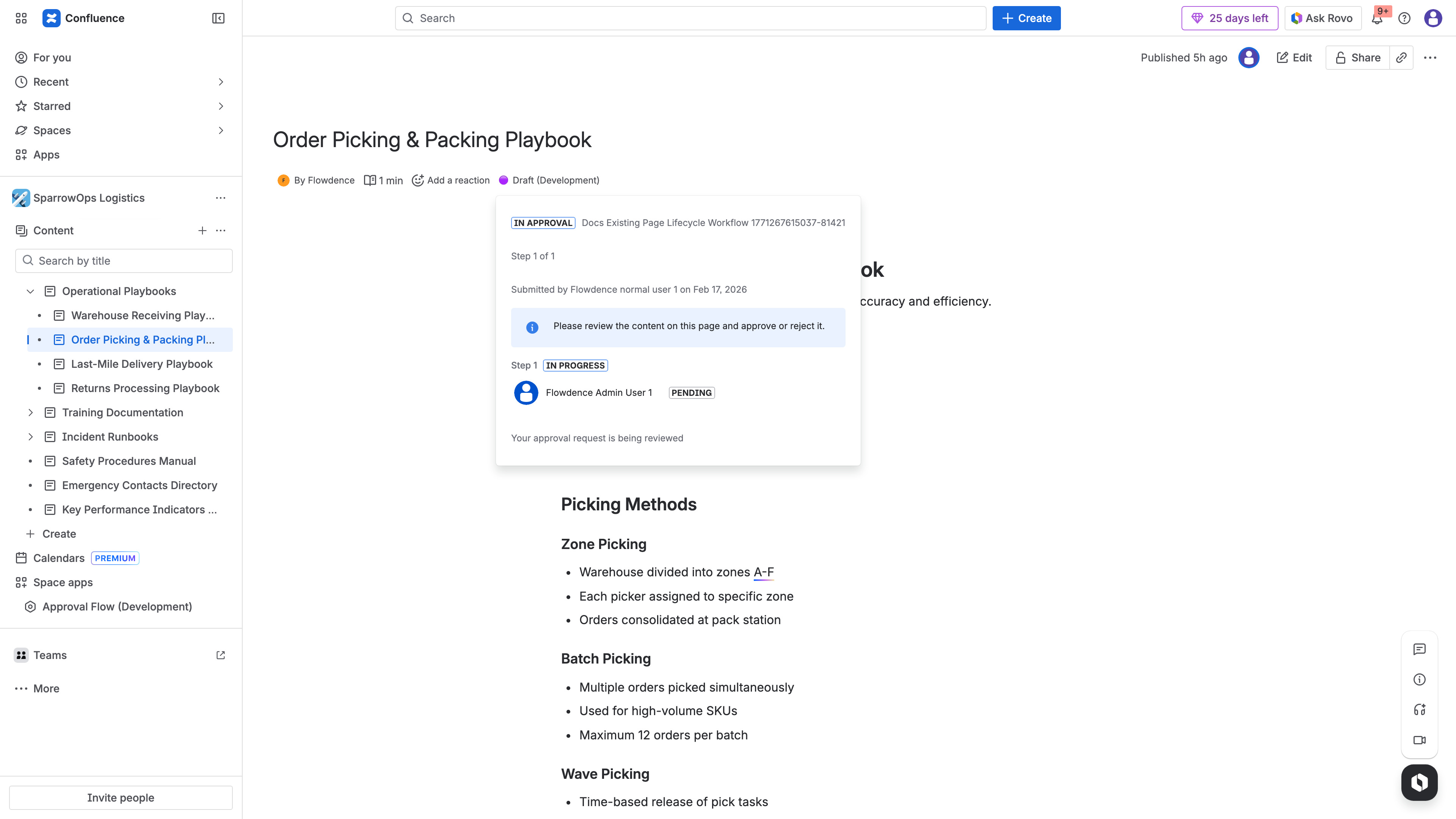 Confluence page showing ApprovalFlow In Approval status in the byline with pending reviewer information